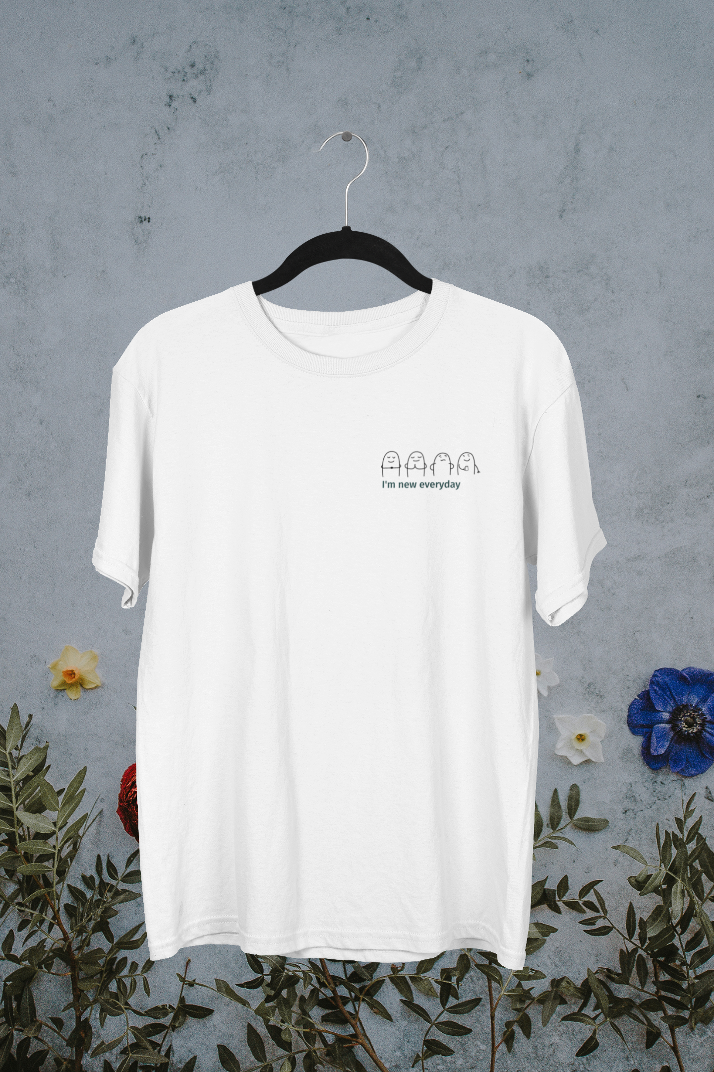 I AM NEW EVERYDAY ! FLORKY  - Loose Fit - Half Sleeve -FRONT -UNISEX OVERSIZE Cotton Tshirt - White