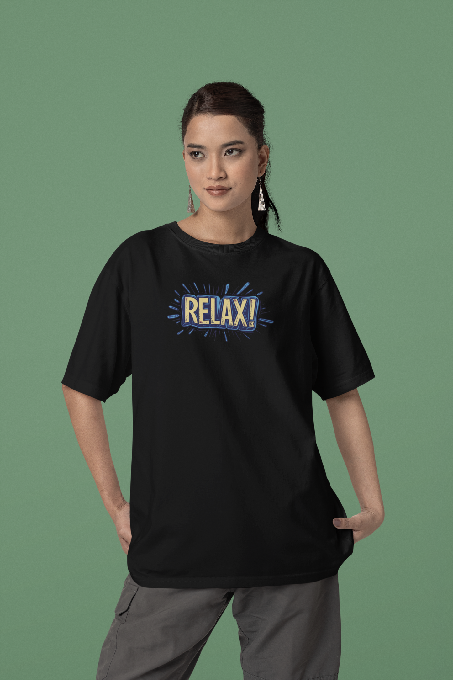 Relax Mode Black Loose Fit - Half Sleeve -FRONT -UNISEX OVERSIZE Cotton Tshirt
