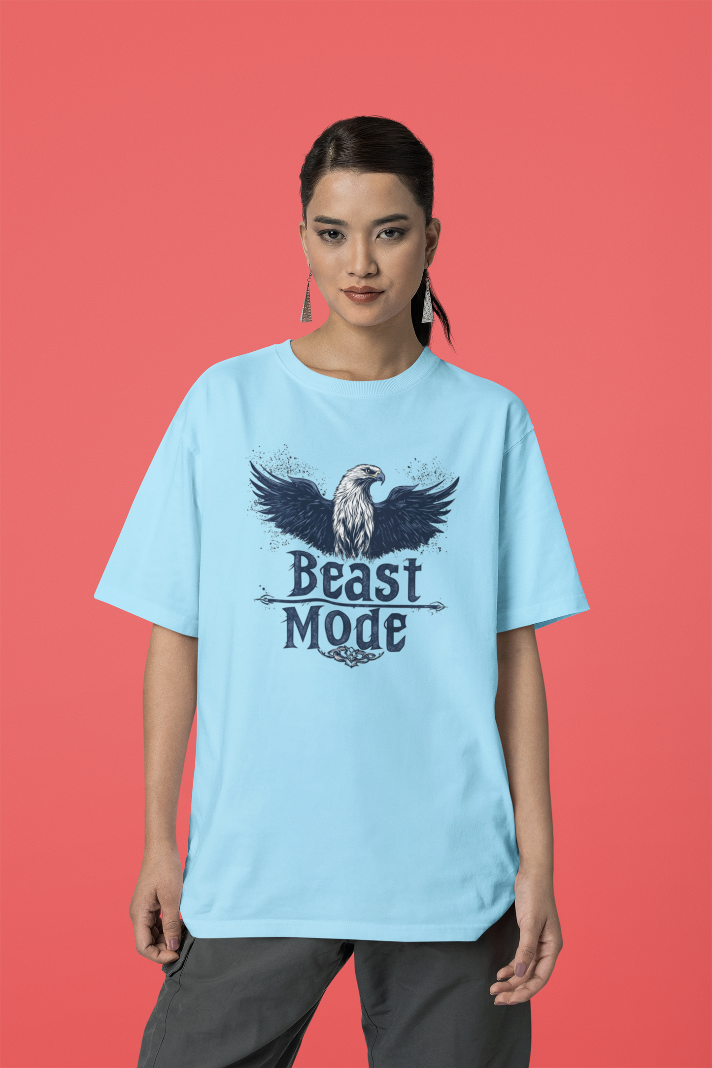 Beast Mode Baby blue Loose Fit - Half Sleeve -FRONT -UNISEX OVERSIZE Cotton Tshirt