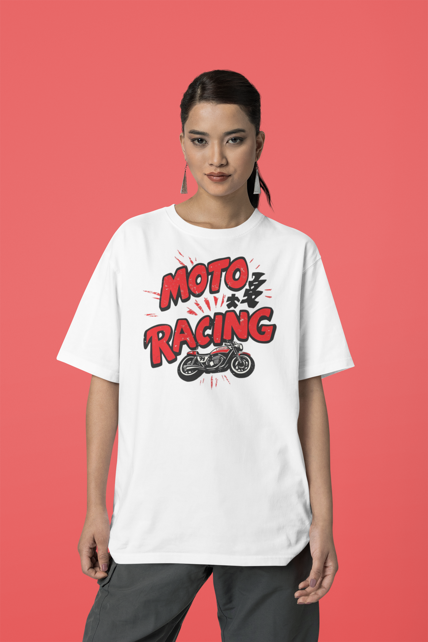 moto racing white Loose Fit - Half Sleeve -FRONT -UNISEX OVERSIZE Cotton Tshirt