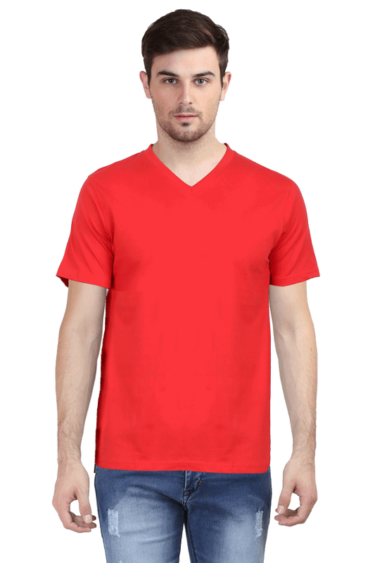 V Neck Minimalist Red Slim fit Cotton Tshirt - Half Sleeve