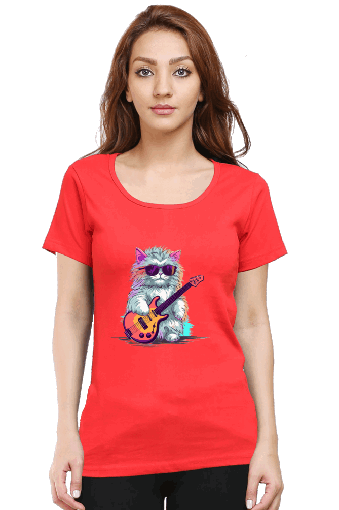 Female Round Neck Half Sleeve Classic - Rockstar Cat