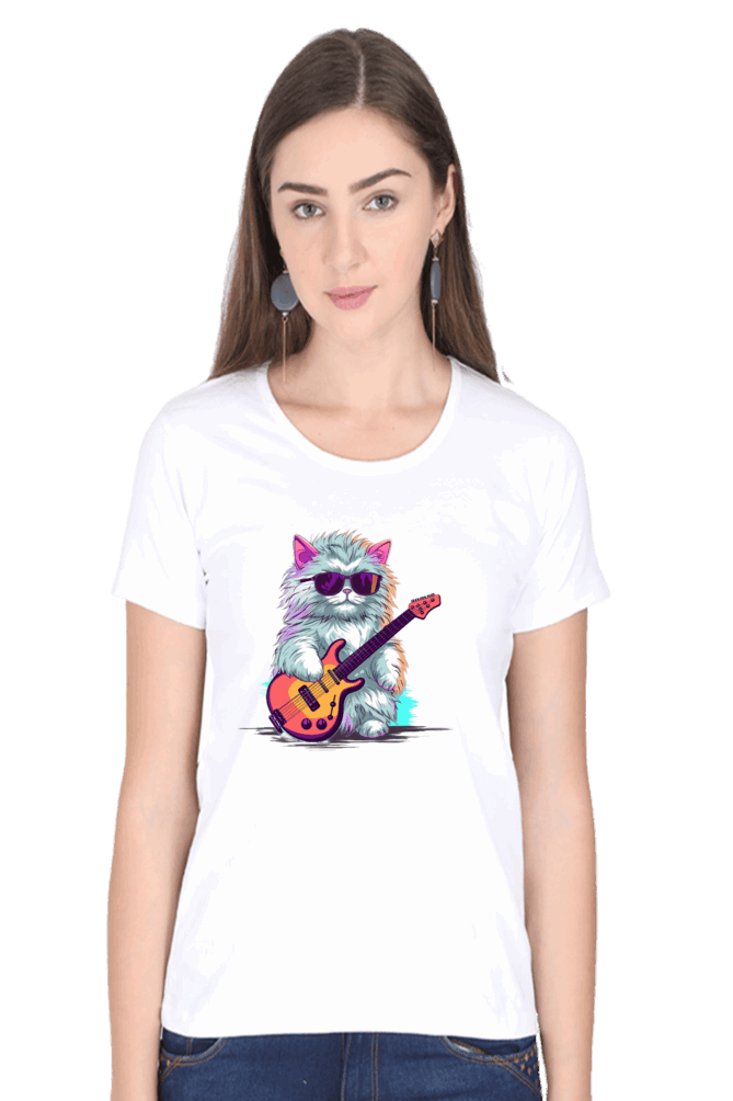 Female Round Neck Half Sleeve Classic - Rockstar Cat