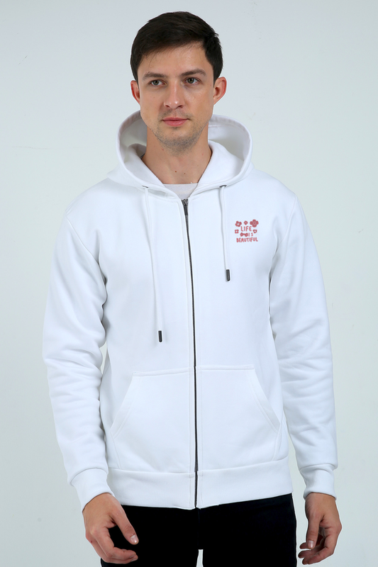 Life is beautiful : Heavy duty Hoodie with Zipper - Classic White Unisex fit