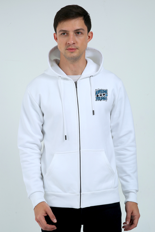 AWESOME FEELINGS : Heavy duty Hoodie with Zipper - Classic White Unisex fit