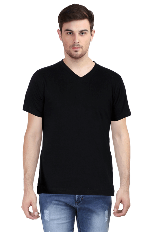 V Neck Minimalist Black Cotton Tshirt Half Sleeve Slim fit