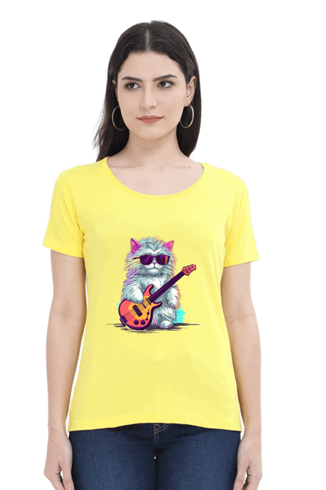 Female Round Neck Half Sleeve Classic - Rockstar Cat