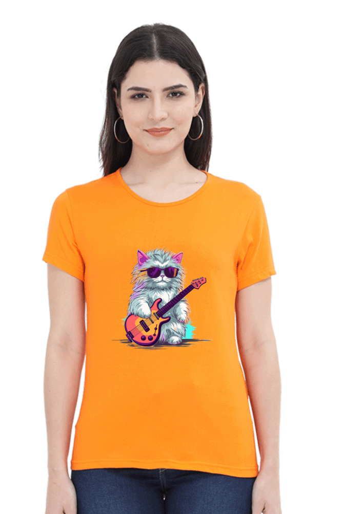 Female Round Neck Half Sleeve Classic - Rockstar Cat