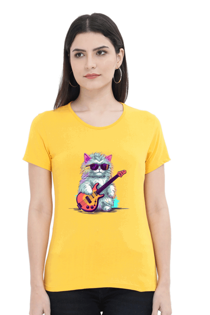 Female Round Neck Half Sleeve Classic - Rockstar Cat