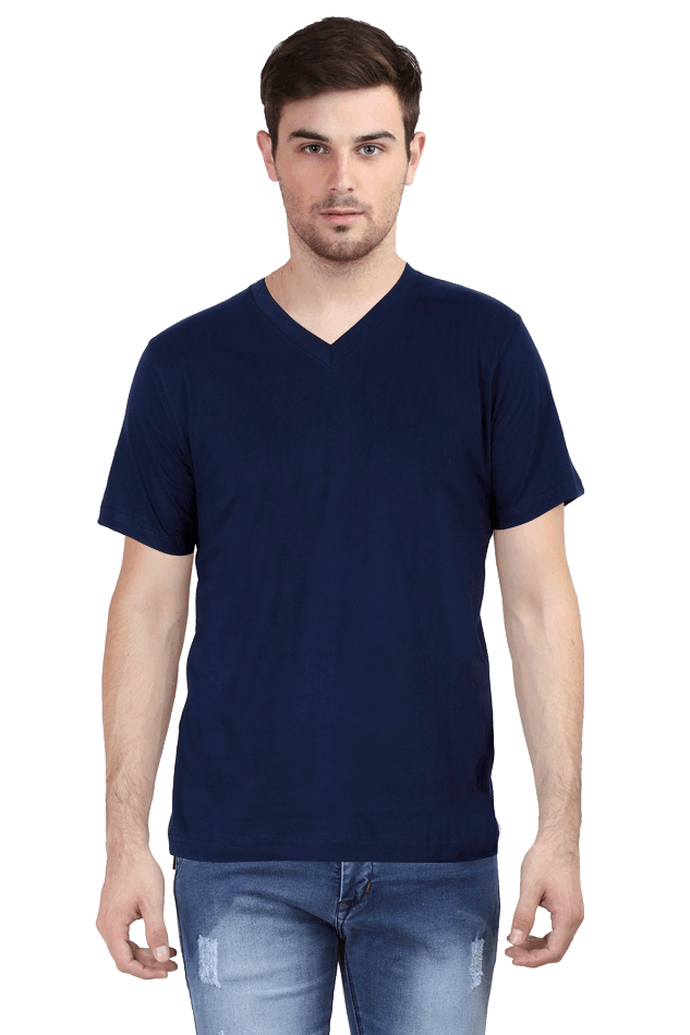 V Neck Minimalist Navy Blue Slim fit Cotton Tshirt - Half Sleeve