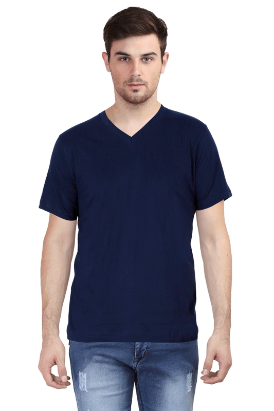 V Neck Minimalist Navy Blue Slim fit Cotton Tshirt - Half Sleeve