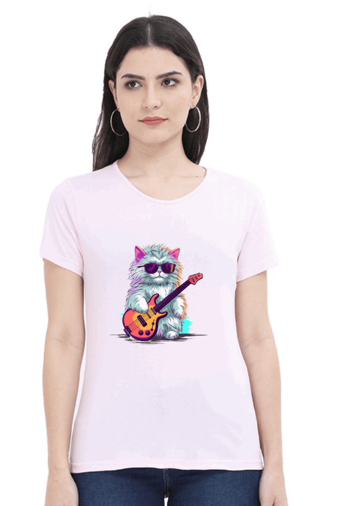 Female Round Neck Half Sleeve Classic - Rockstar Cat