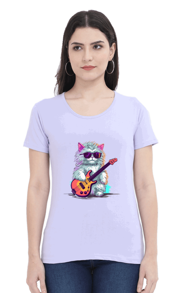 Female Round Neck Half Sleeve Classic - Rockstar Cat