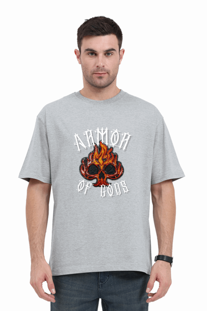 Unisex Oversize classic Cotton Tshirt - Skull ON FIRE - Armor of Gods