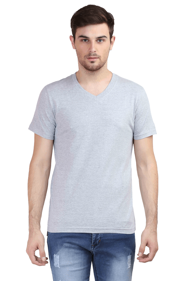 V Neck Minimalist Grey Melange Slim fit Cotton Tshirt - Half Sleeve