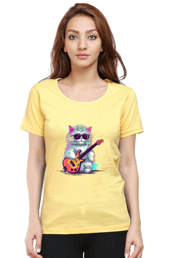 Female Round Neck Half Sleeve Classic - Rockstar Cat