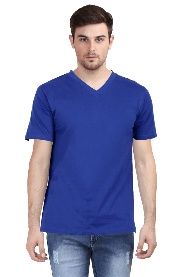 V Neck Minimalist Royal Blue Cotton Tshirt - Half Sleeve Slim fit