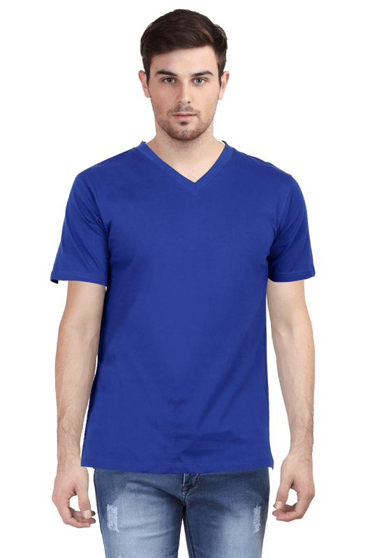 V Neck Minimalist Royal Blue Cotton Tshirt - Half Sleeve Slim fit