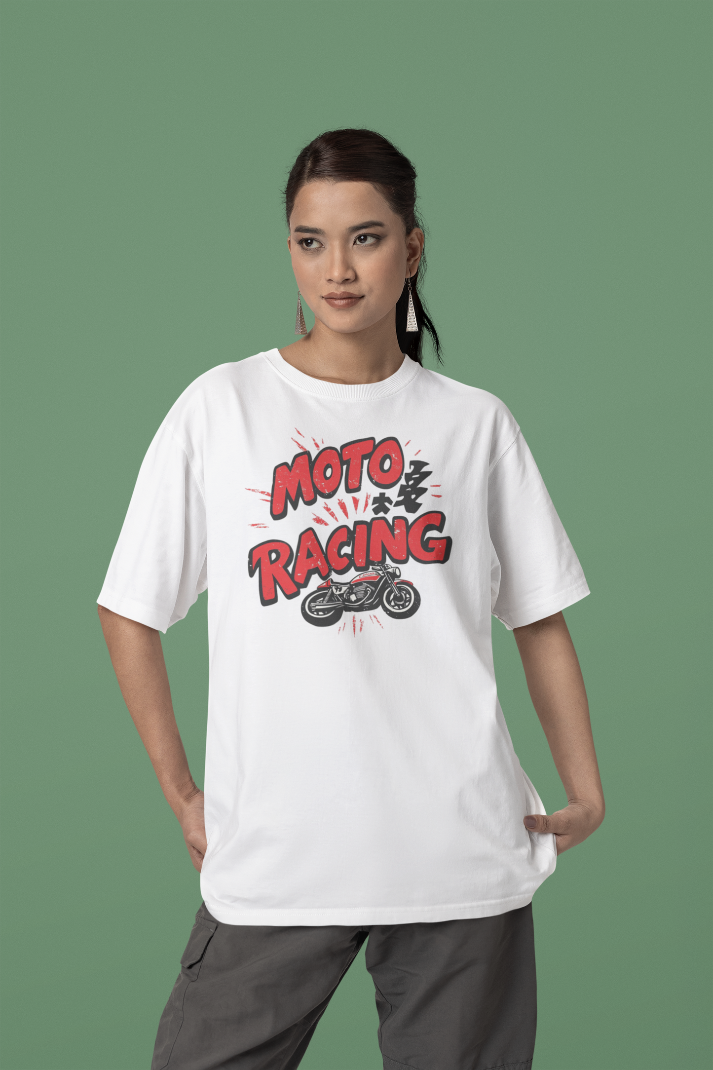 moto racing white Loose Fit  - Half Sleeve -FRONT -UNISEX OVERSIZE Cotton Tshirt