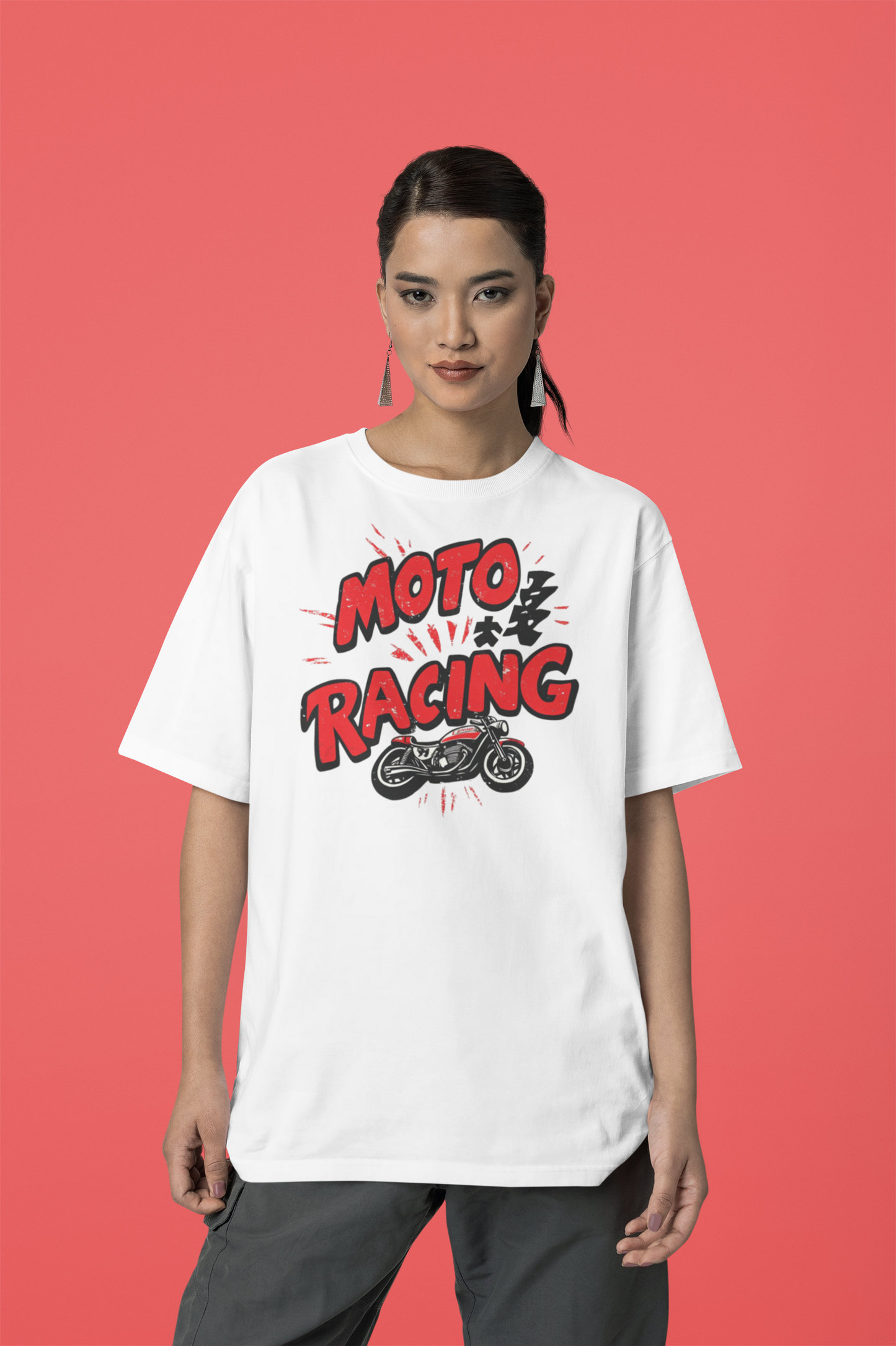 moto racing white Loose Fit  - Half Sleeve -FRONT -UNISEX OVERSIZE Cotton Tshirt